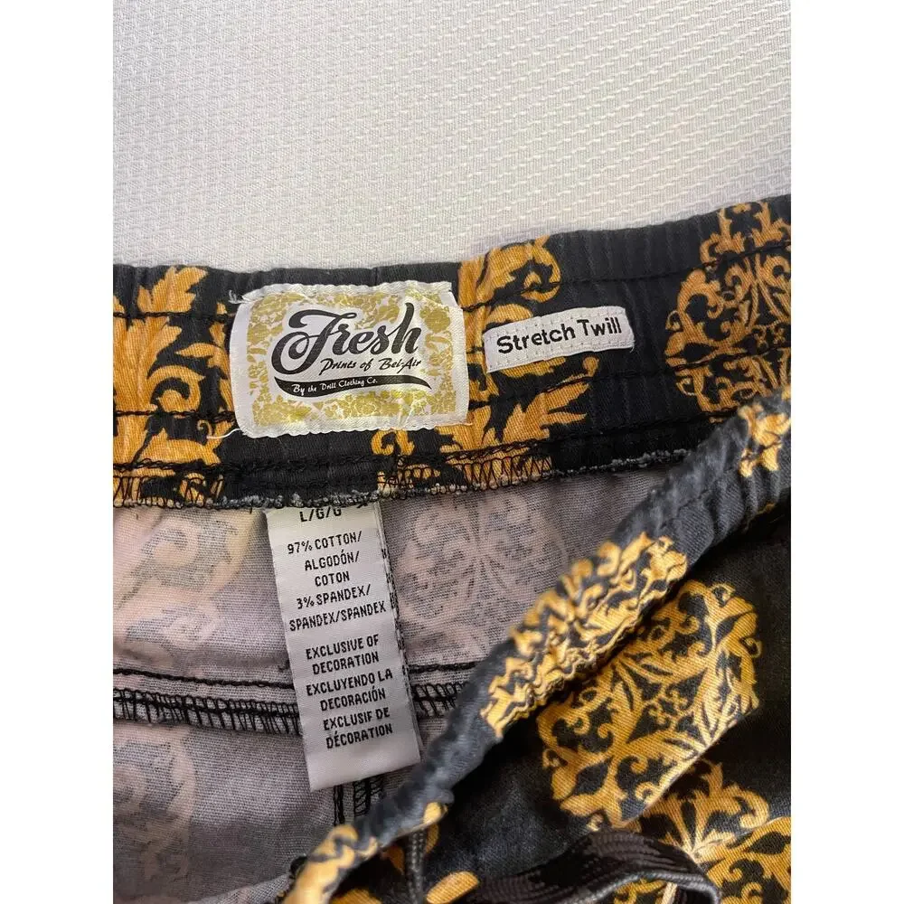 Fresh Black Gold Baroque Print Shorts Men’s Large Stretch Twill Y2K